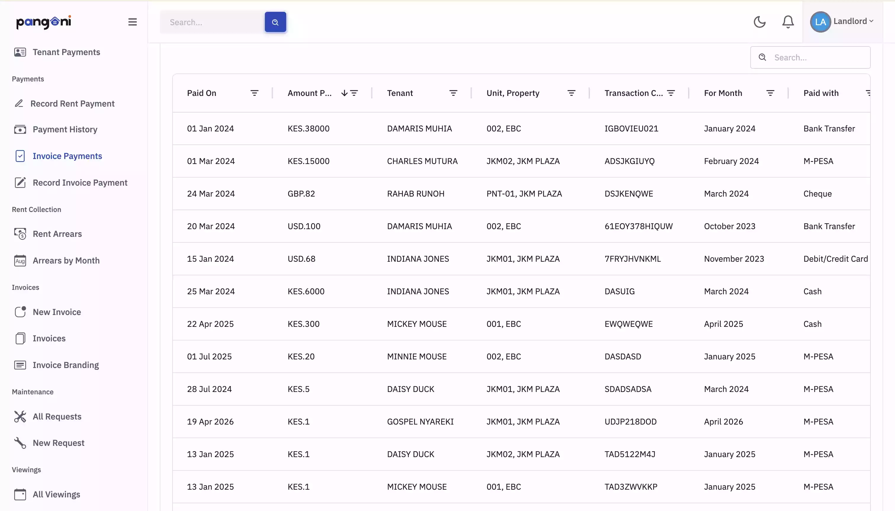 Emailed paid-rent invoice with receipt details and tenant info