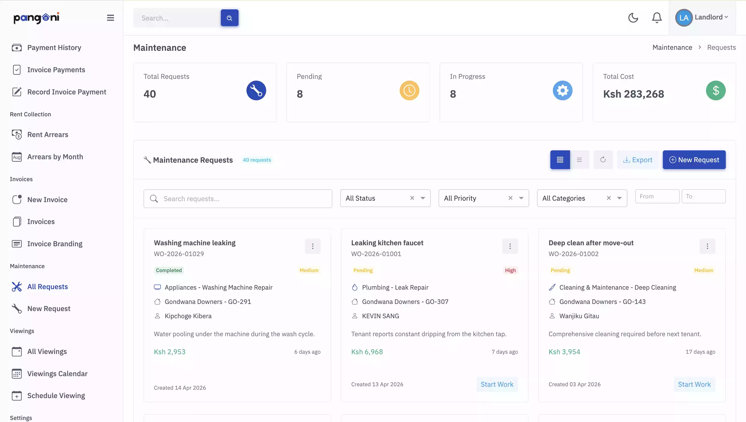 Pangoni maintenance queue showing open repair tickets with SLA countdown
