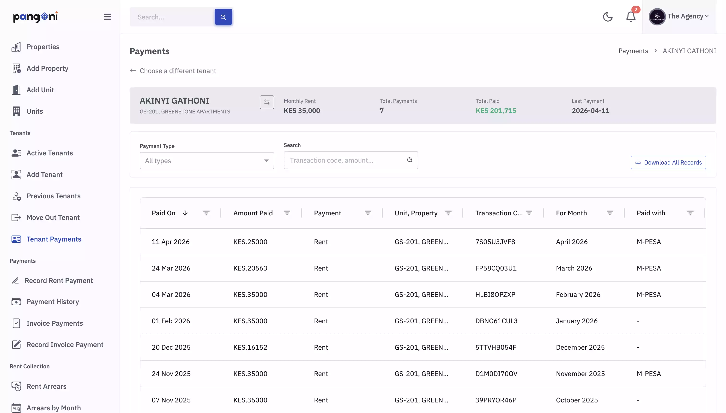 Tenant payment records showing M-Pesa transactions reconciled to invoices