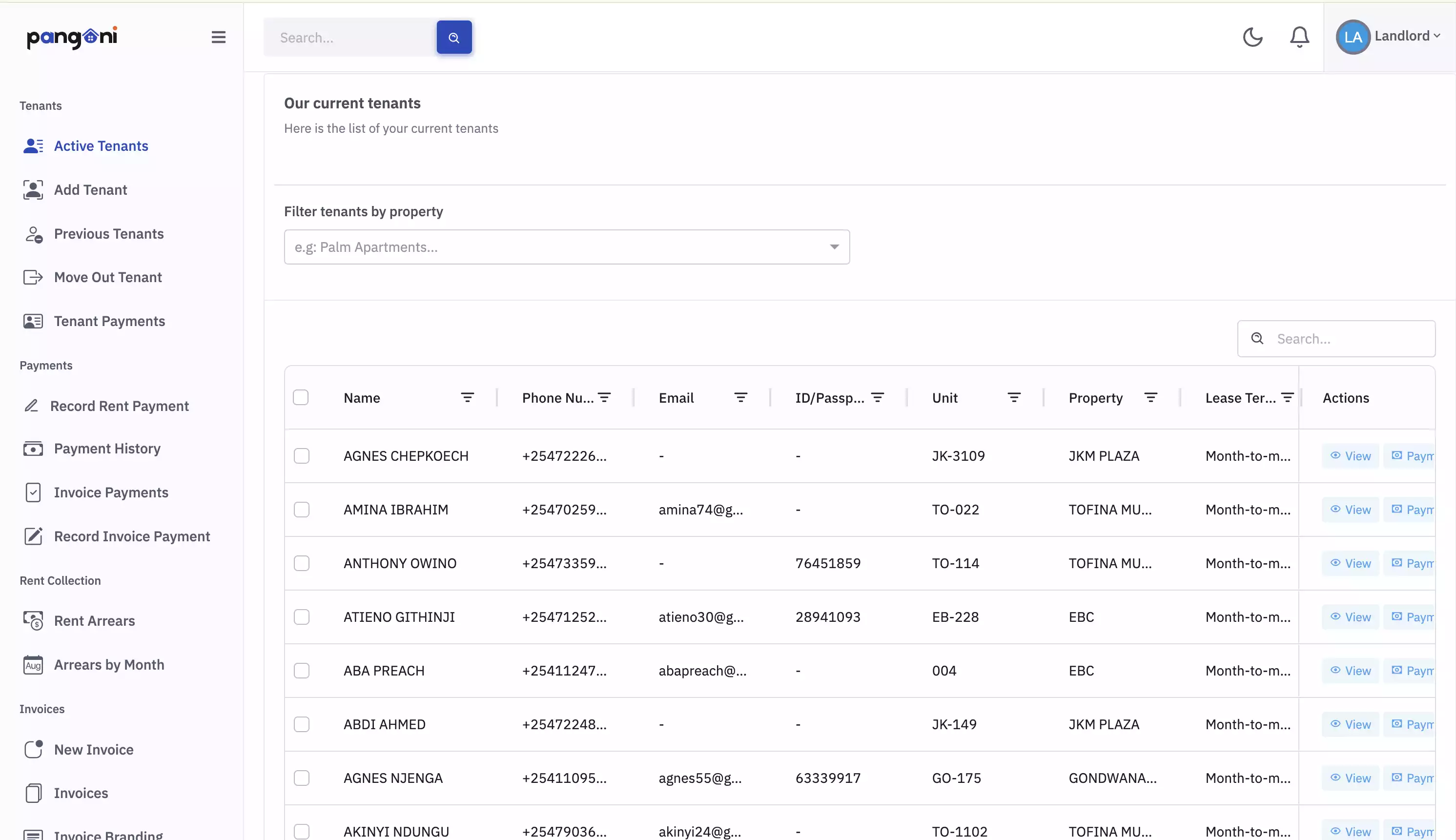Pangoni tenants directory showing tenant profiles, unit assignments, and payment status
